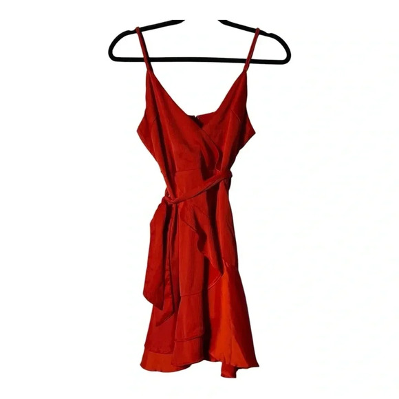 2039. SELFIE LESLIE SPAGHETTI STRAP FAUX WRAP MINI DRESS SIZE SMALL RED COLOR - Picture 2 of 8